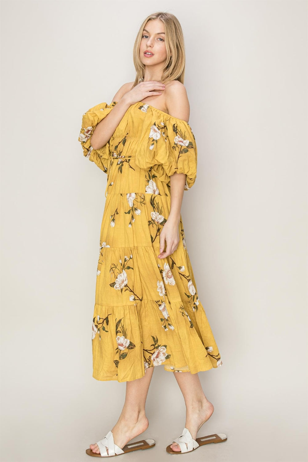 Womens Yellow Floral Off-Shoulder Puff Sleeve Tiered Maxi Dress