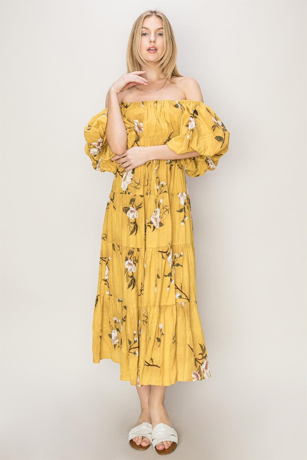 Womens Yellow Floral Off-Shoulder Puff Sleeve Tiered Maxi Dress