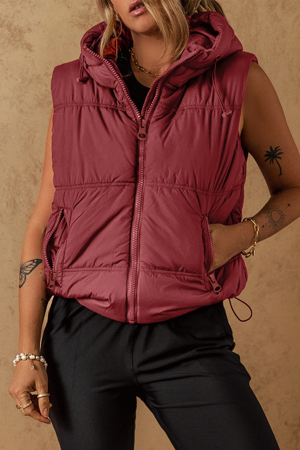 Womens Burgundy Red Drawstring Zip Up Hooded Vest Coat
