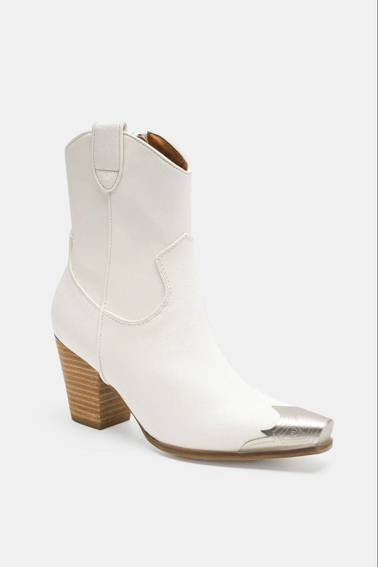 Women's White Classic Cowboy Boots with Wood Heel and Silver Toe
