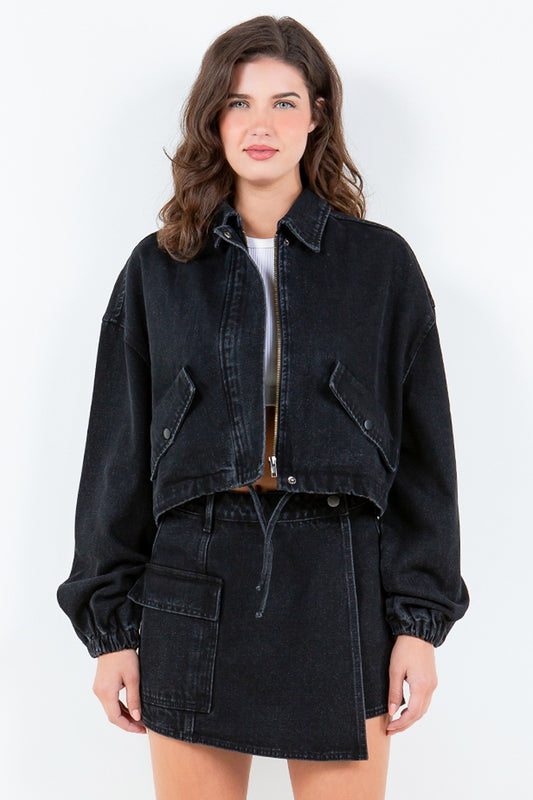 American Bazi Black Drawstring Waist Crop Denim Jacket