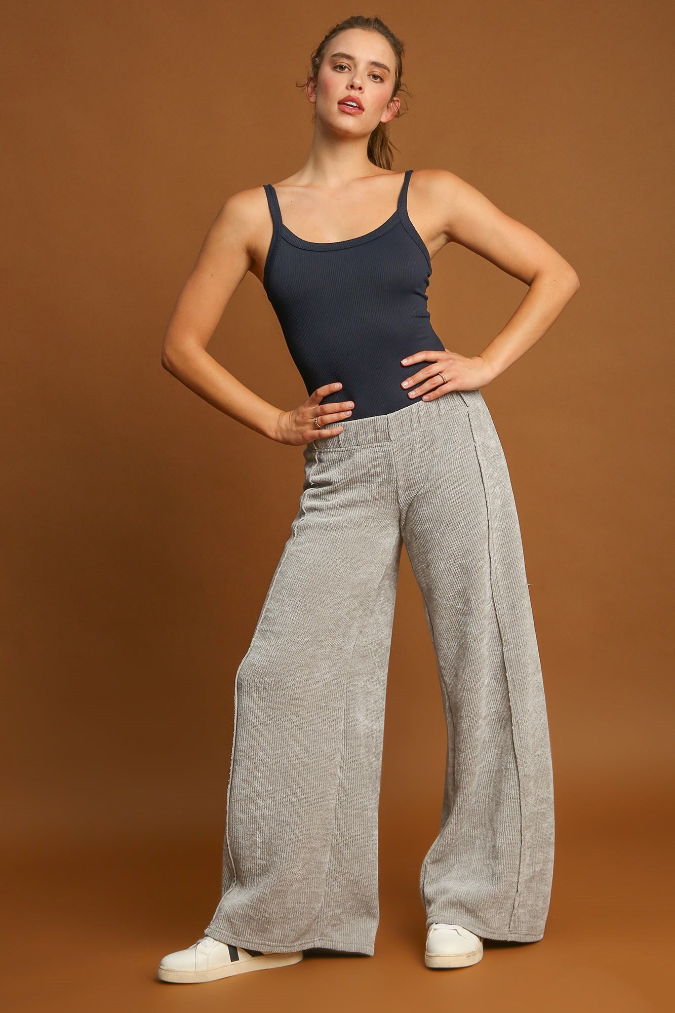 Women's Light Grey Ribbed Wide Leg Sweatpants