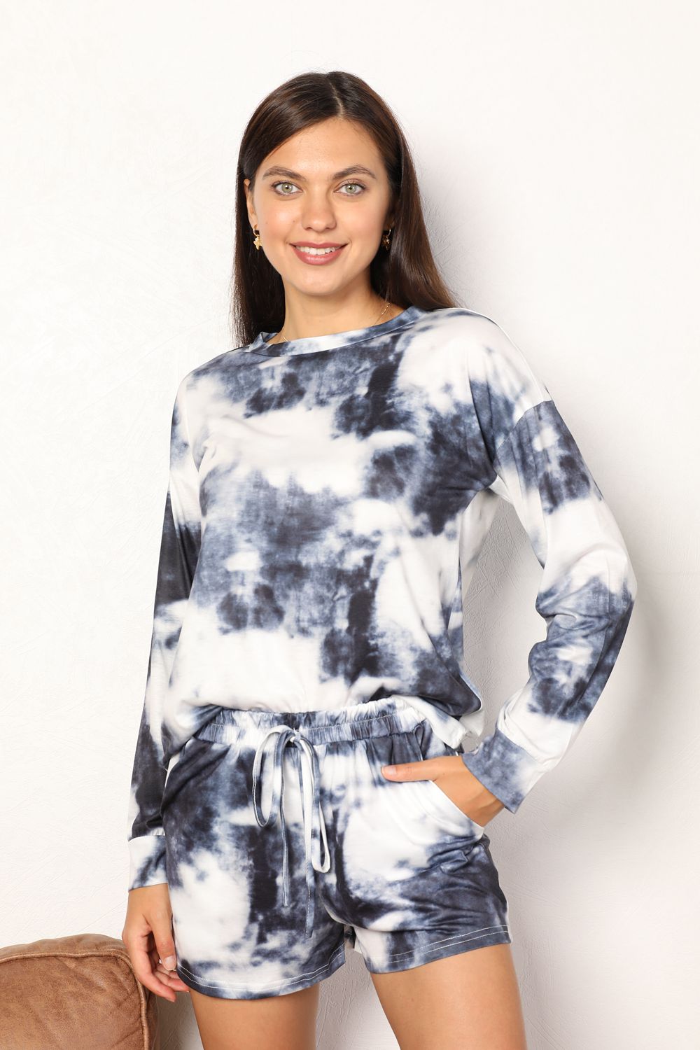 Womens Tie-Dye Dark Gray Round Neck Top and Shorts Lounge Set