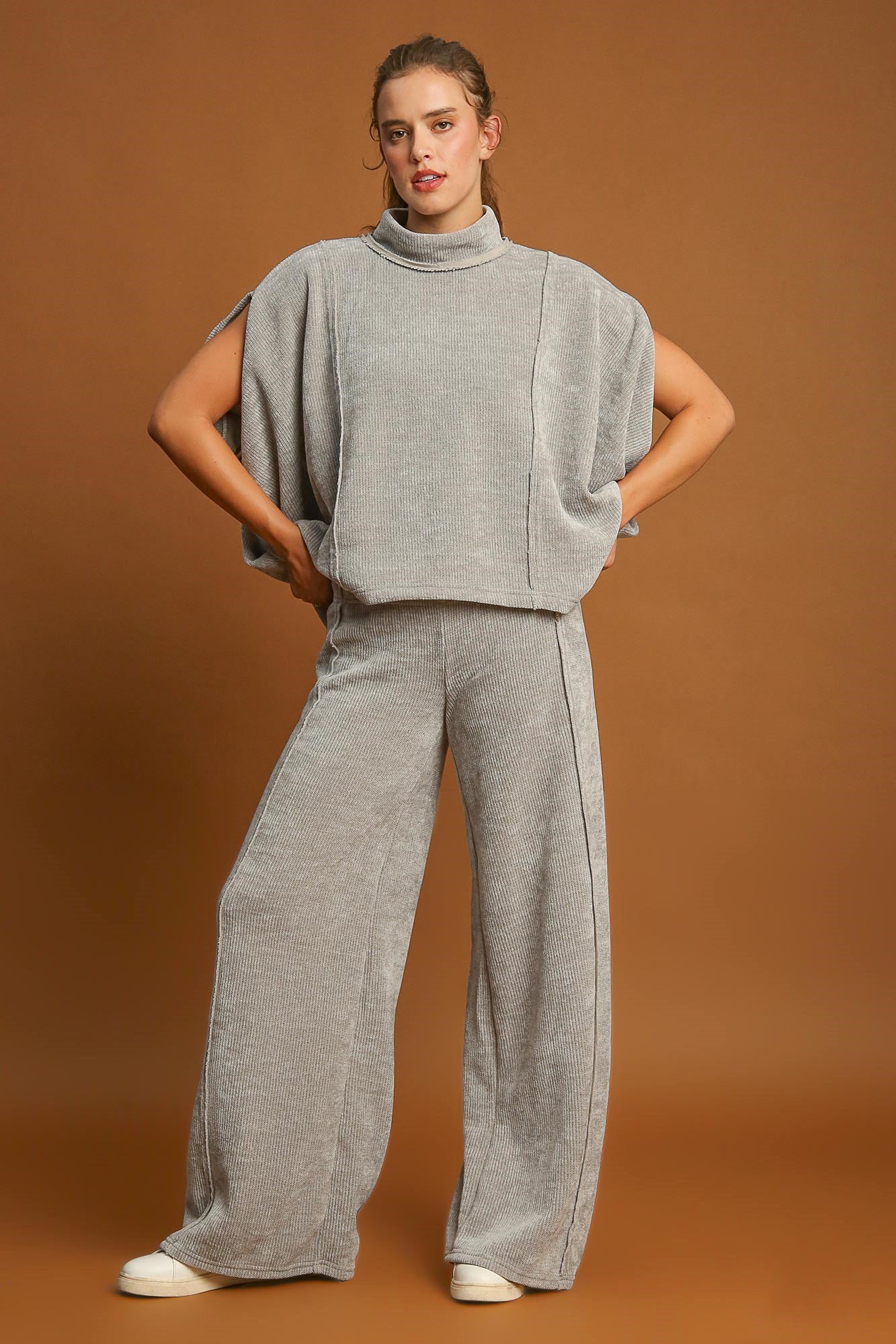 Women's Light Grey Ribbed Wide Leg Sweatpants