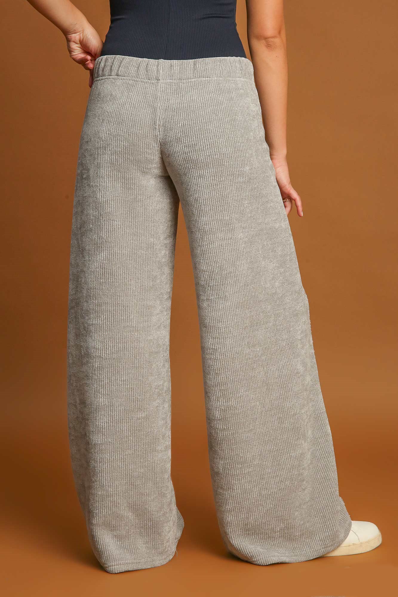 Women's Light Grey Ribbed Wide Leg Sweatpants