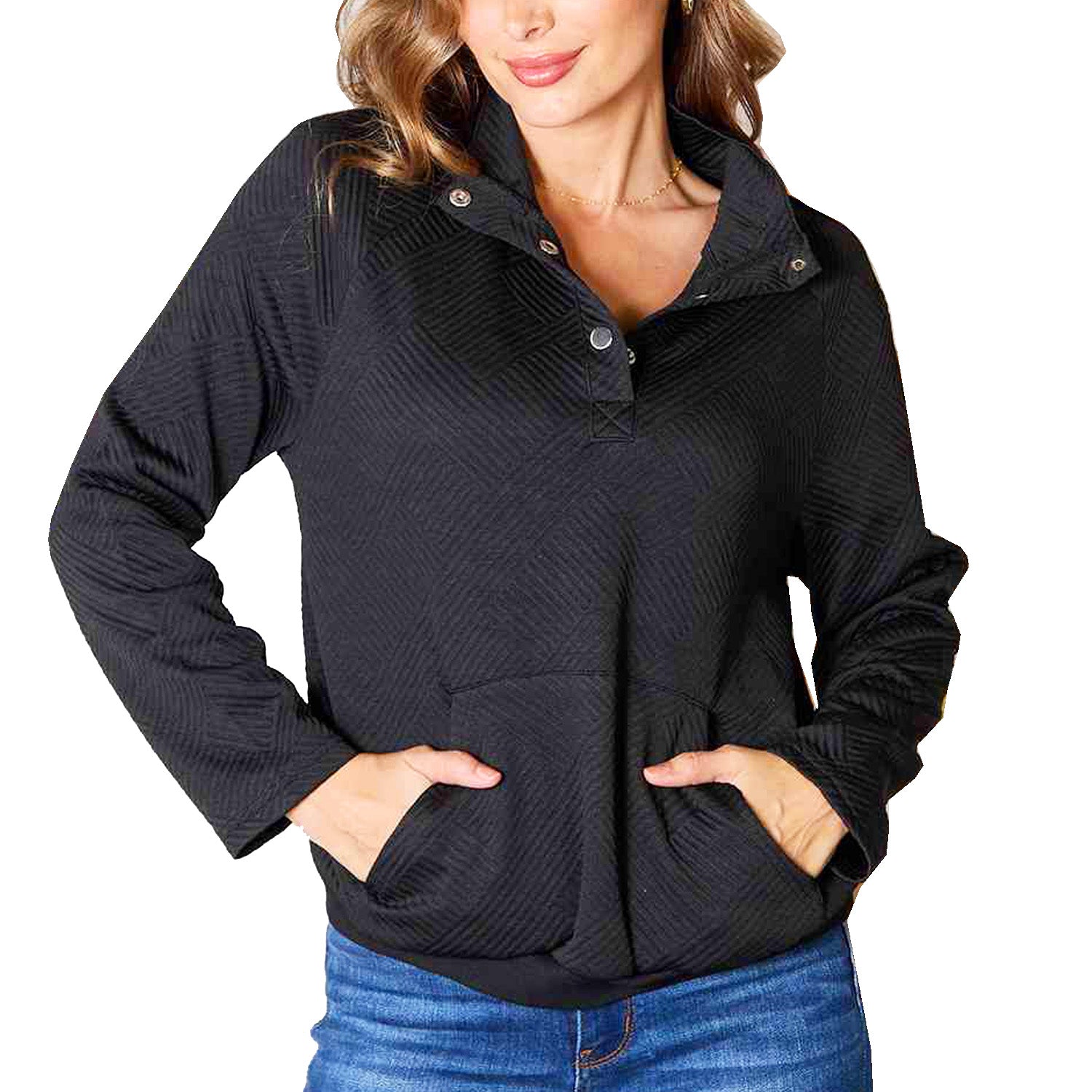 Womens Black Half Buttoned Collared Neck Sweatshirt with Pocket