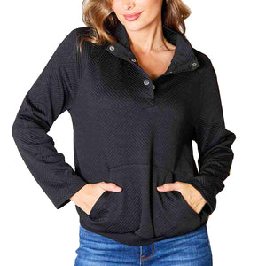 Womens Black Half Buttoned Collared Neck Sweatshirt with Pocket
