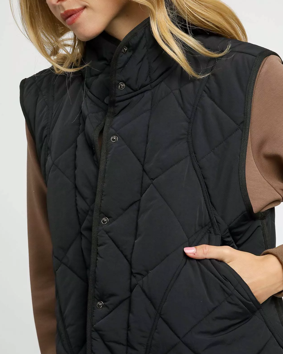 Womens Black Quilted Front Button Up Puffer Vest