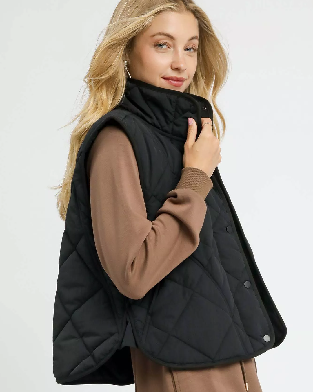 Womens Black Quilted Front Button Up Puffer Vest