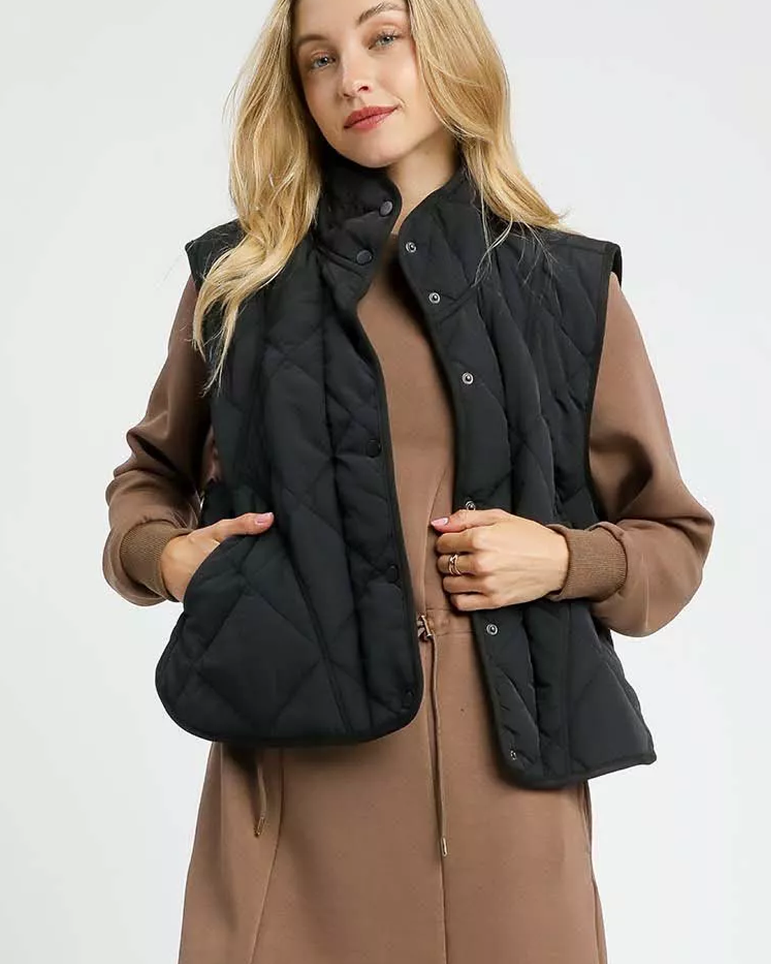 Womens Black Quilted Front Button Up Puffer Vest