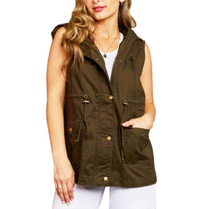 Womens Army Green Button-Up Military Hooded Vest