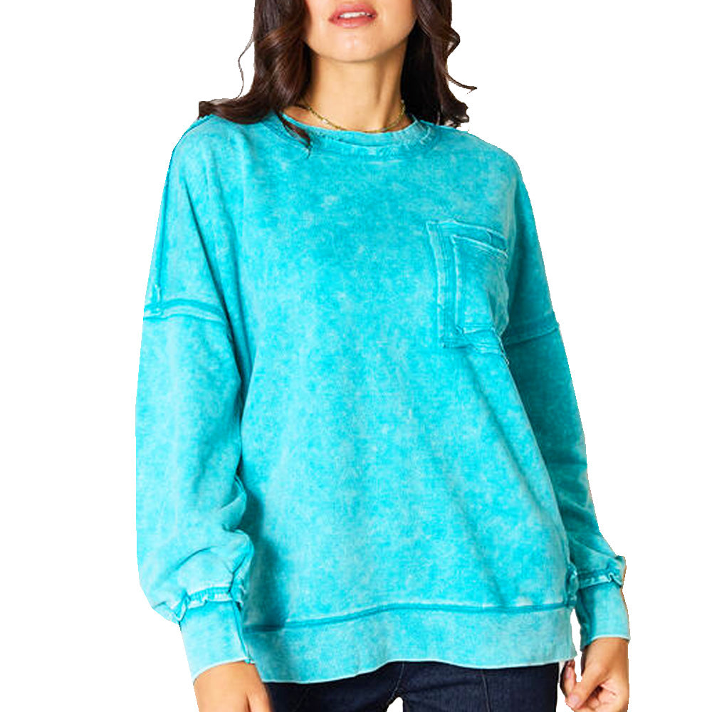 Womens Turquoise Exposed Seam Pocket Long Sleeve Sweatshirt