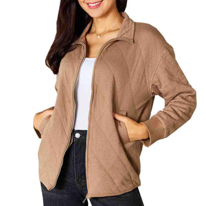 Womens Beige Brown Full Zip-Up Collared Quilted Jacket with Pockets