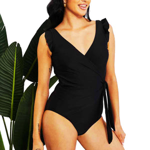 Women's Black One Piece Swimsuit with Ruffle and Open Back