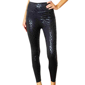 Womens Black Shiny Leopard Wide Waistband Leggings