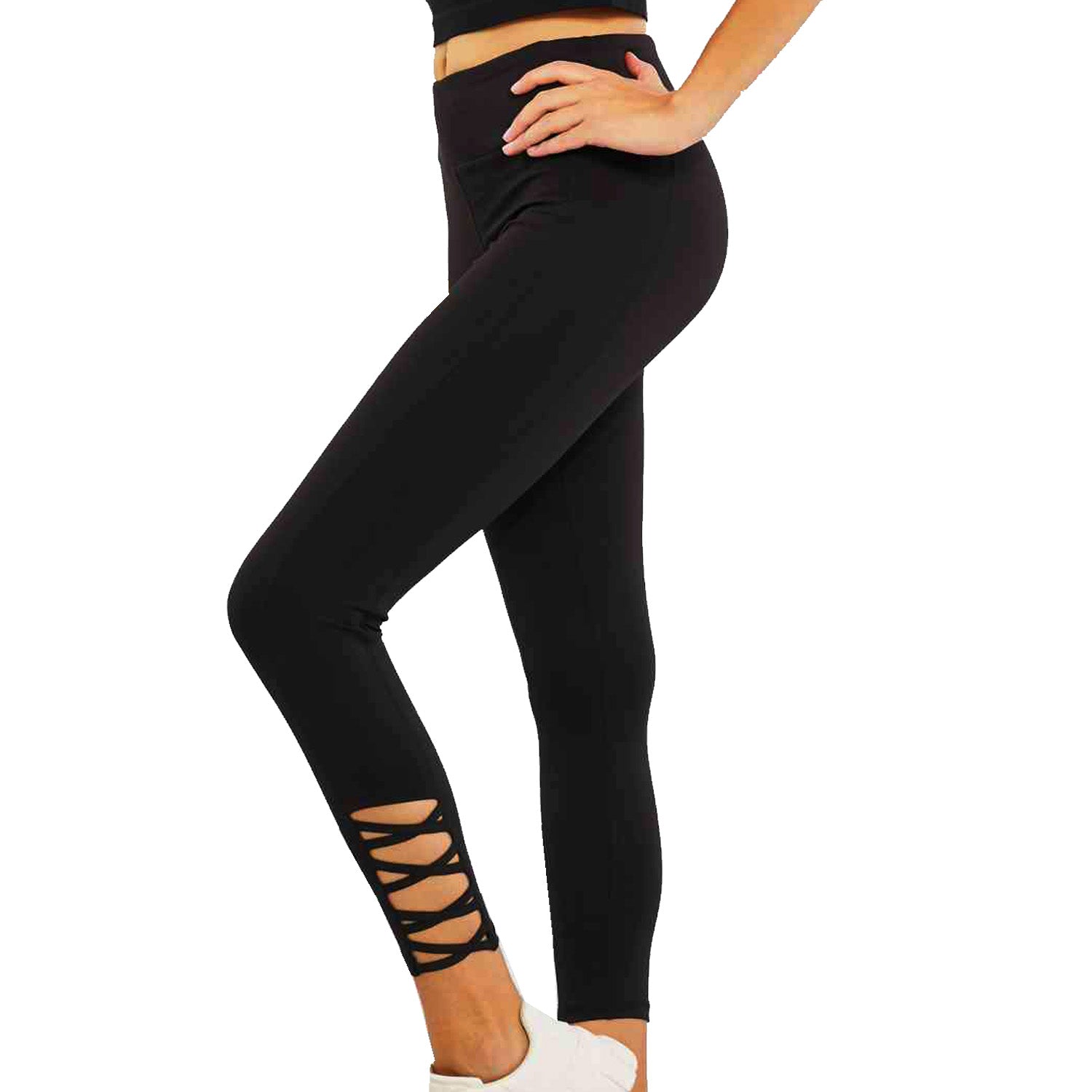 Womens Black Strappy Ankle Cutout Athletic Leggings