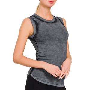 Women's Black Washed High Neck Ribbed Sleeveless Tank Top