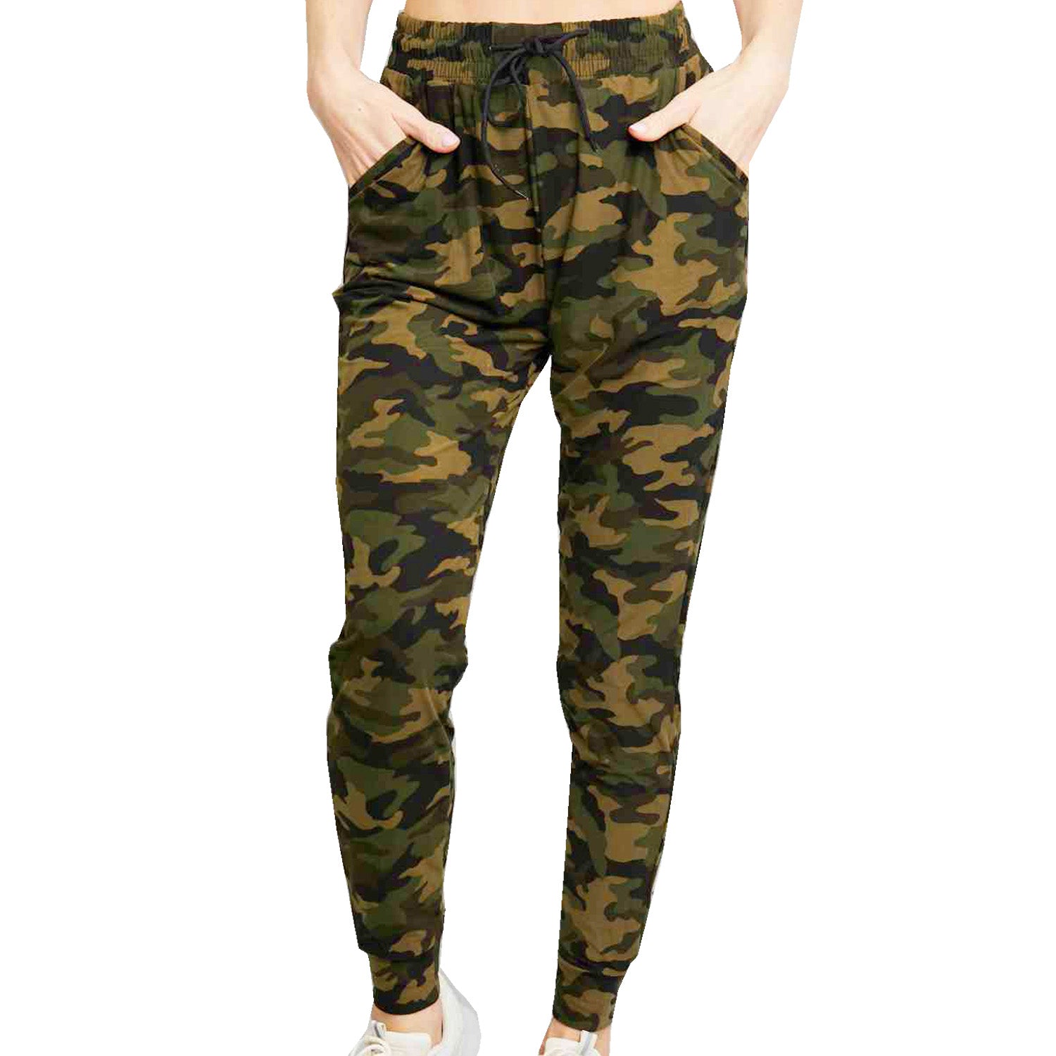 Womens Camouflage Green Drawstring Joggers with Pockets