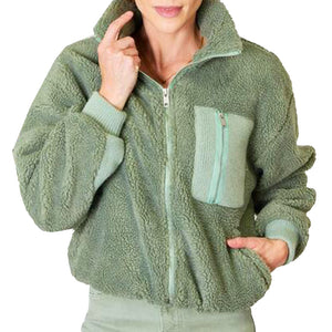 Womens Green Sherpa Fleece Full Zip Collared Jacket