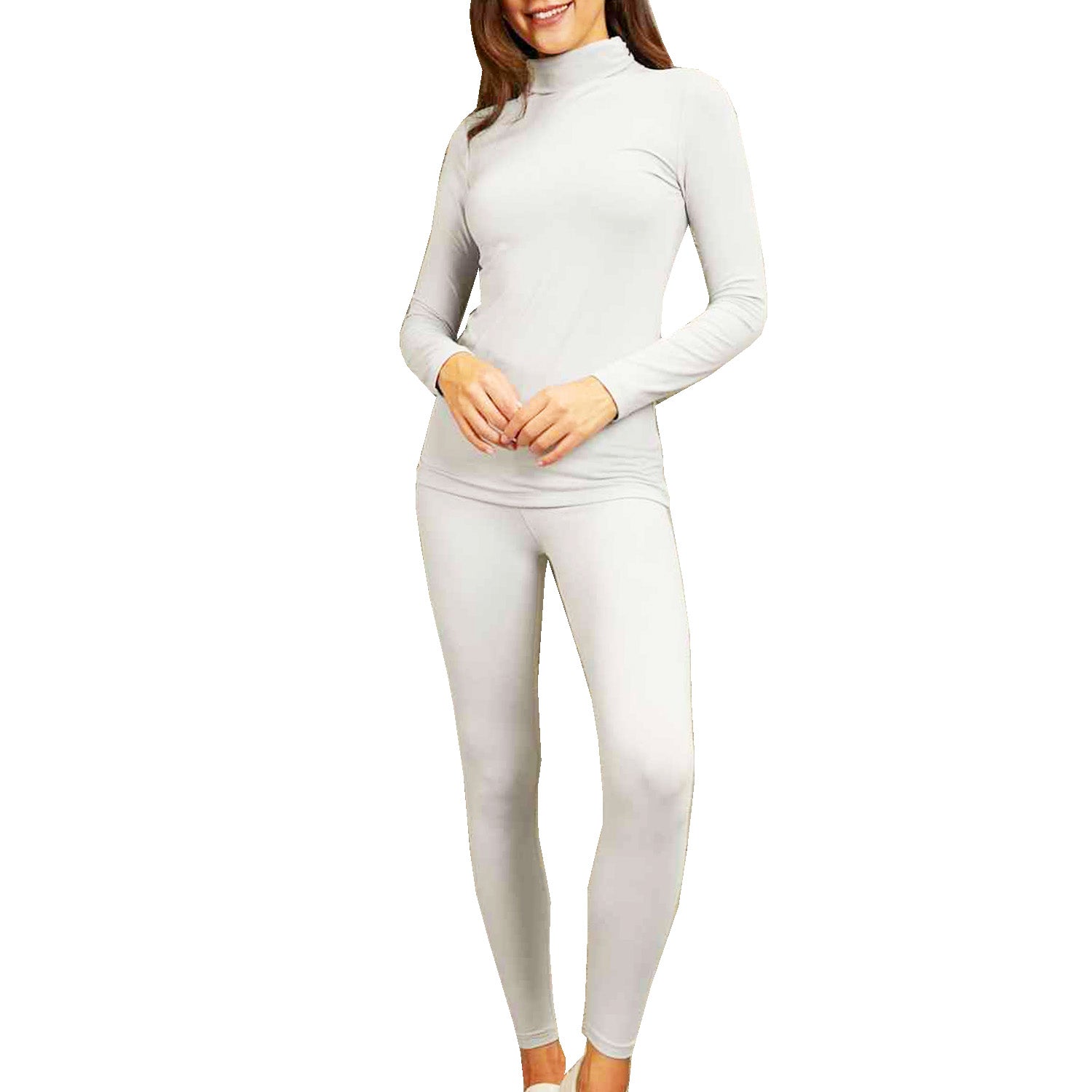 Womens Light Grey Mock Neck Long Sleeve Top and Leggings Set