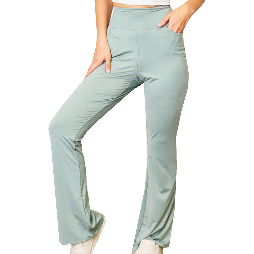 Womens Sage Green Wide High Waistband Sporty Flare Pants