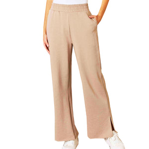 Women's Tan Beige Relaxed Wide Leg Slit Pants with Pockets