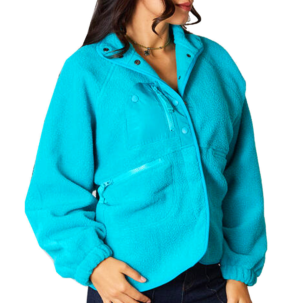 Womens Turquoise Blue Snap Button Up Oversized Fleece Jacket