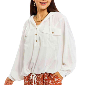 Womens White Sporty Lightweight Textured Hoodie Long Sleeve Top