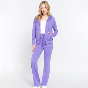 Womens Purple Drawstring Pants and Hoodie Set with Pockets