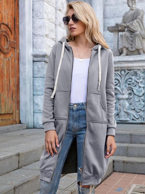 Womens Full Zip-Up Longline Tunic Hoodie with Pockets