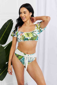Women's Floral High Waist Bikini with Puff Sleeve and Tie Back