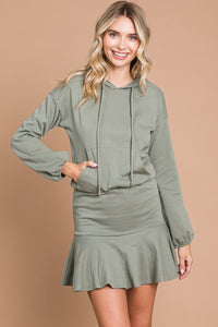 Women's Olive Green Hoodie Tennis Dress with Front Pocket and Pleated Skirt