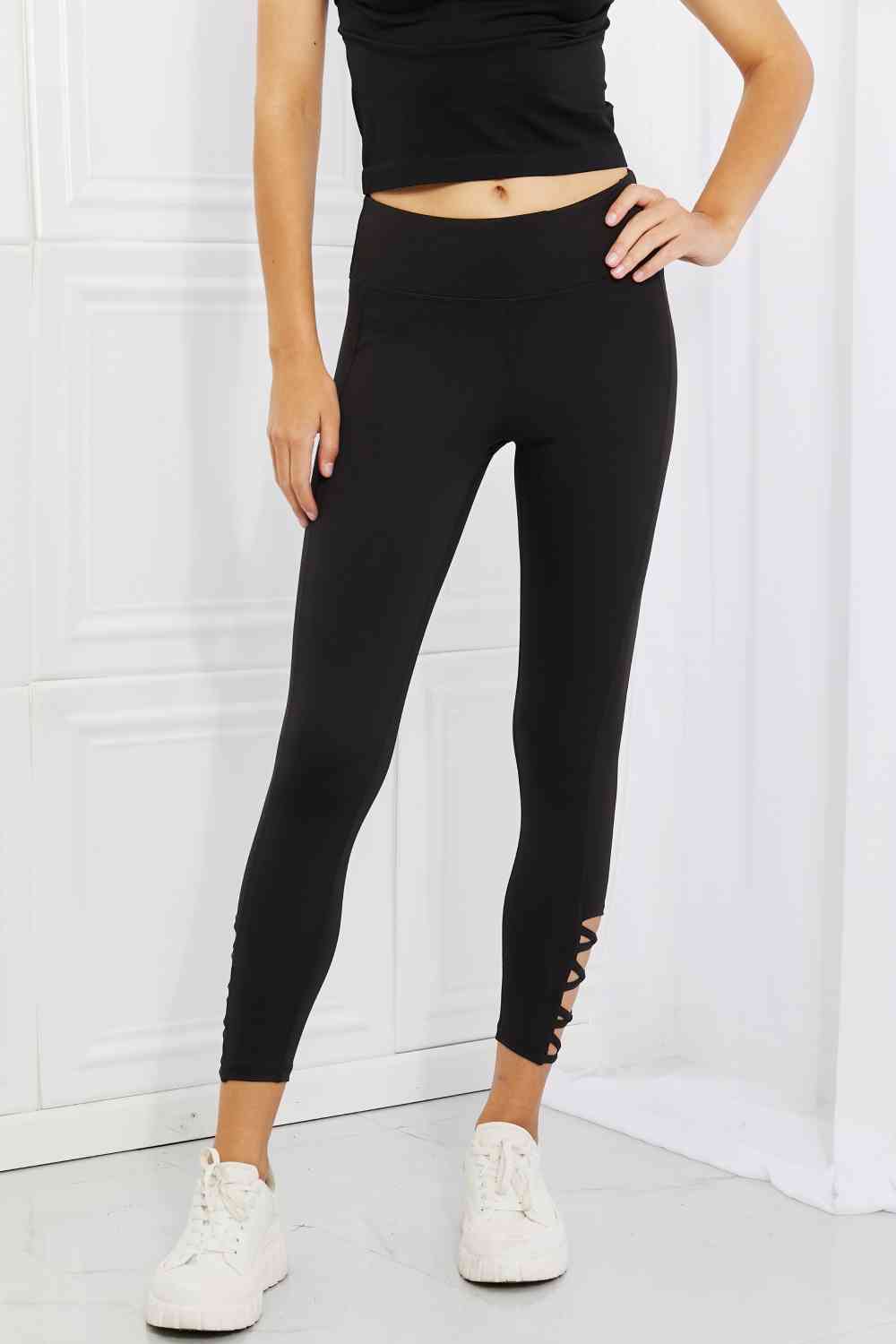 Womens Black Strappy Ankle Cutout Athletic Leggings