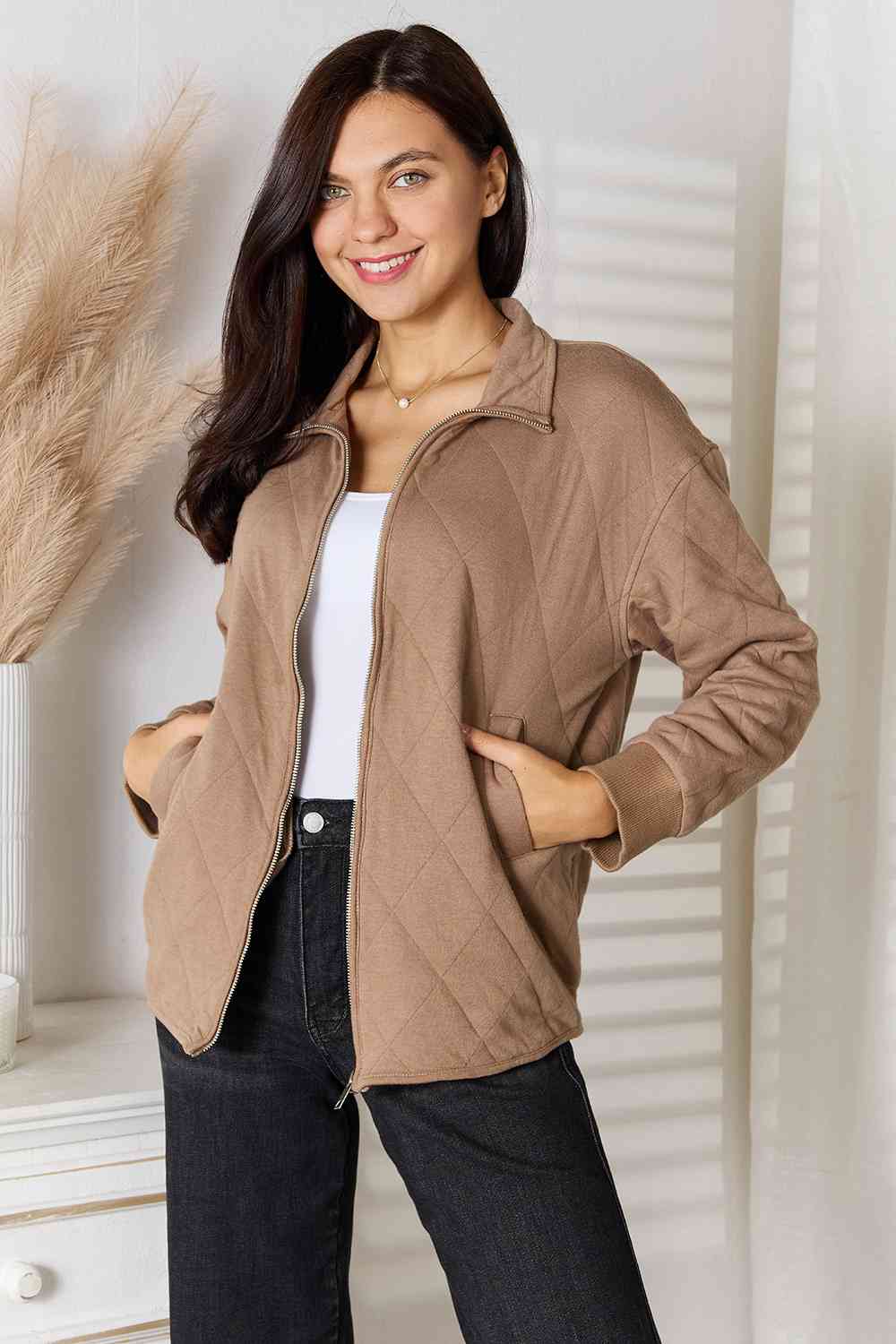 Womens Beige Brown Full Zip-Up Collared Quilted Jacket with Pockets