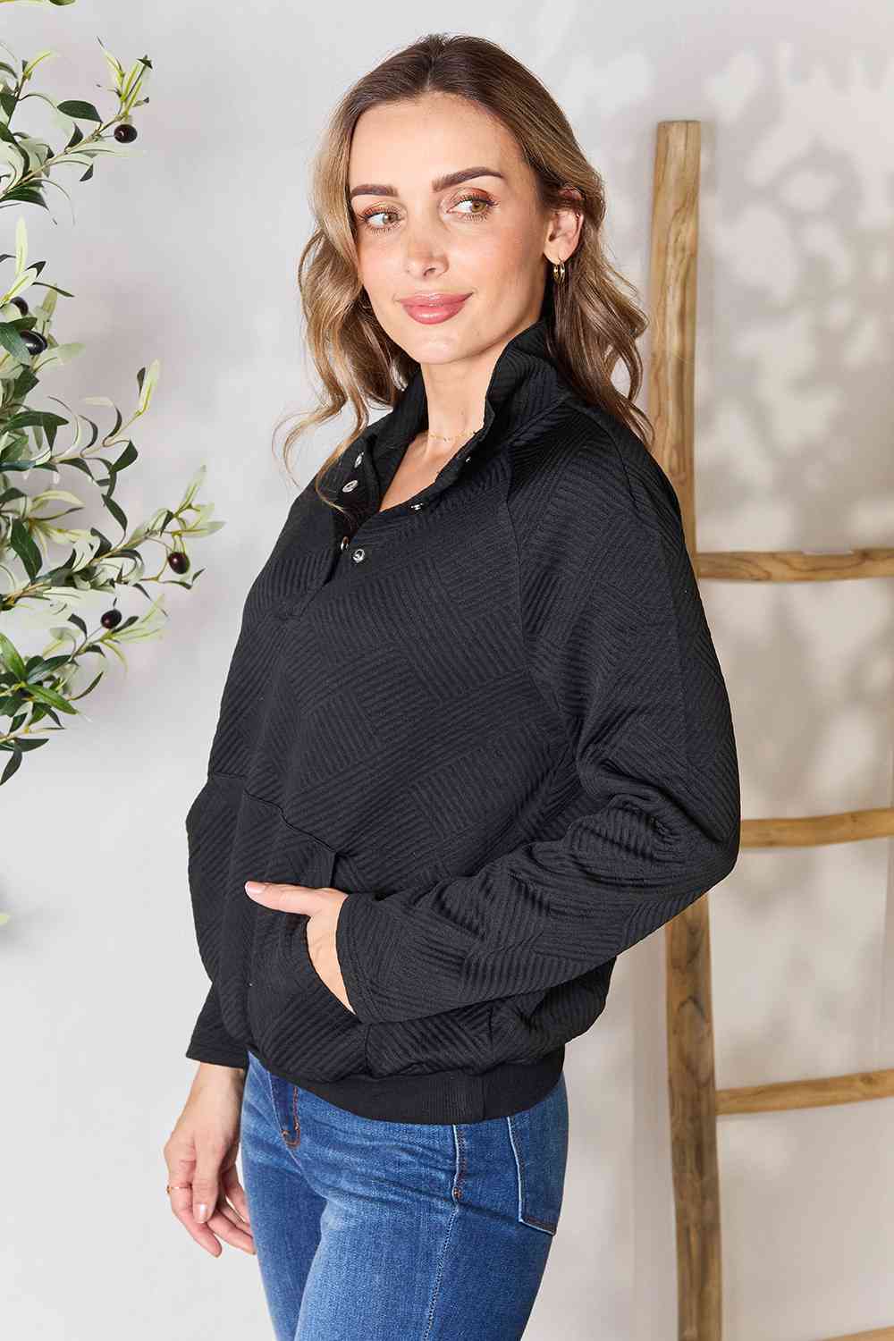 Womens Black Half Buttoned Collared Neck Sweatshirt with Pocket