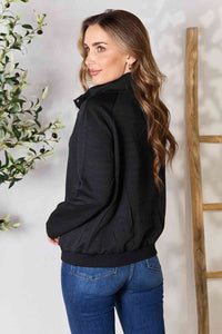 Womens Black Half Buttoned Collared Neck Sweatshirt with Pocket