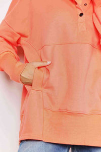 Womens Orange Quarter Snap Button Up Dropped Shoulder Hoodie Tunic