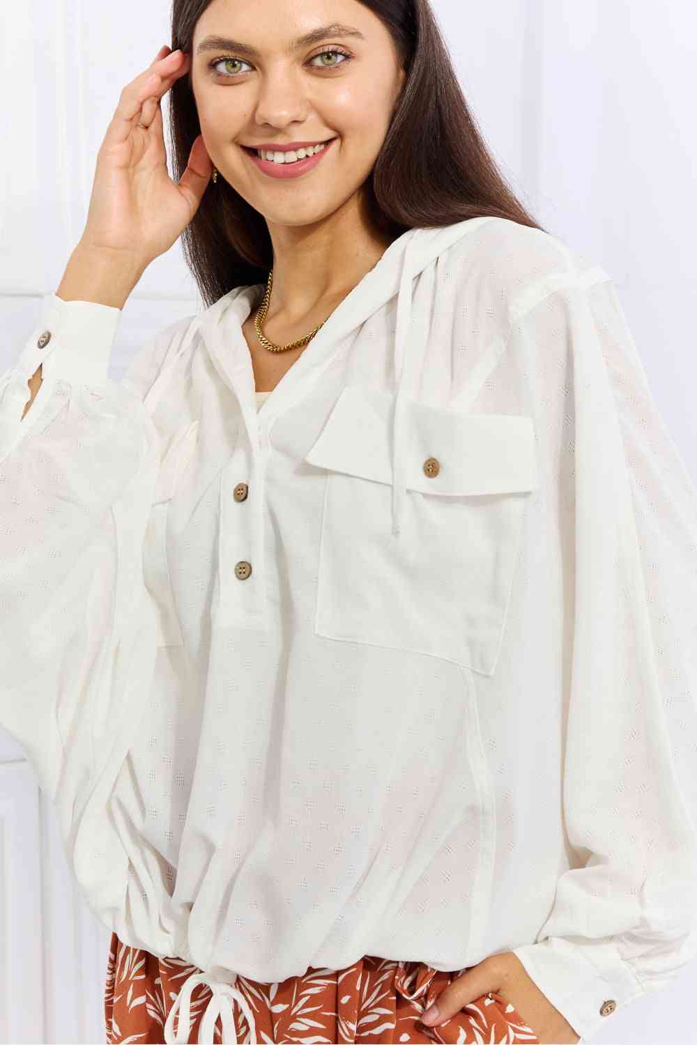 Womens White Sporty Lightweight Textured Hoodie Long Sleeve Top