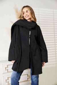 Womens Black Open Front Long Cardigan with Wrap Around Scarf