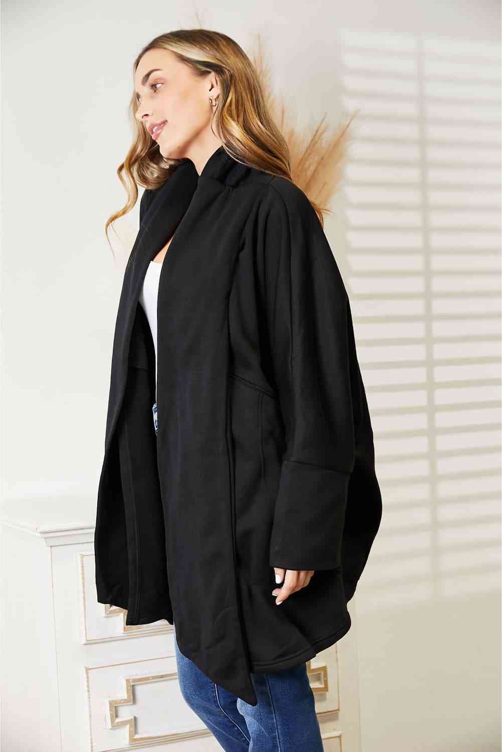 Womens Black Open Front Long Cardigan with Wrap Around Scarf