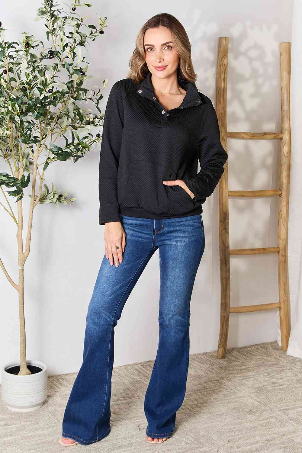 Womens Black Half Buttoned Collared Neck Sweatshirt with Pocket