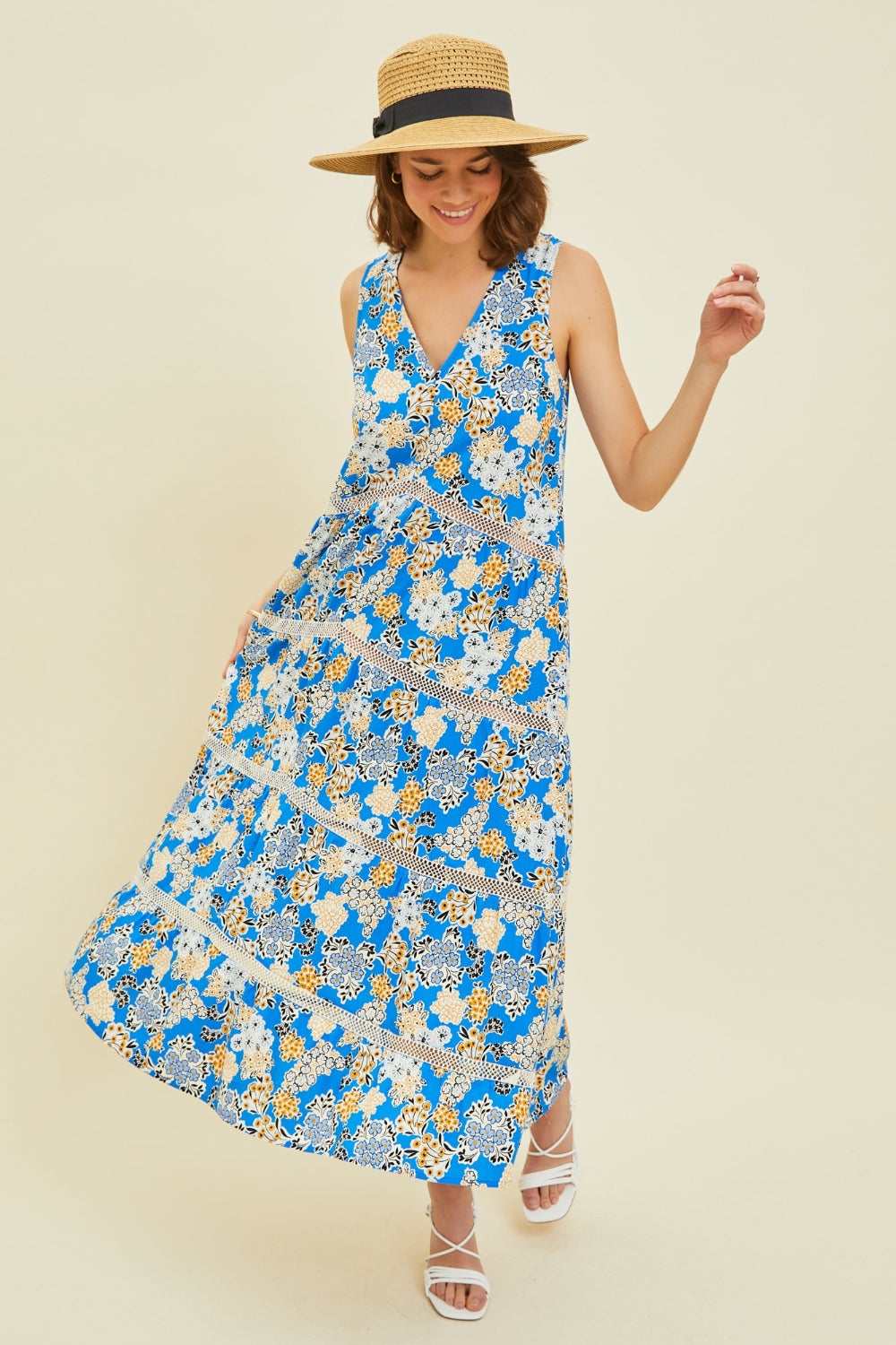 Women's Blue Floral Crochet Trim V-Neck Maxi Dress
