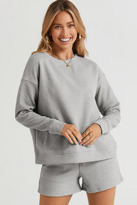 Women's Relaxed Casual Lounge Long Sleeve Top and Drawstring Shorts Set