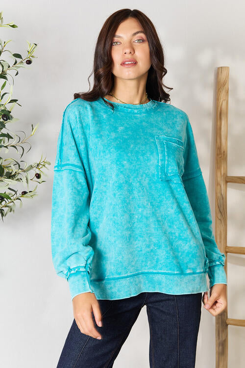 Womens Turquoise Exposed Seam Pocket Long Sleeve Sweatshirt
