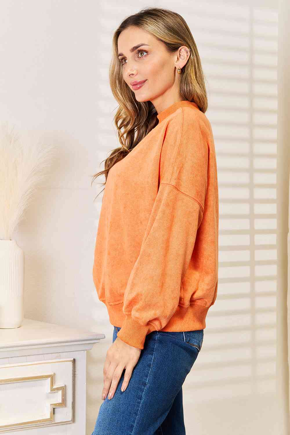Womens Orange Round Neck Dropped Shoulder Sweatshirt