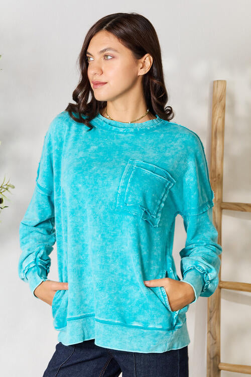 Womens Turquoise Exposed Seam Pocket Long Sleeve Sweatshirt