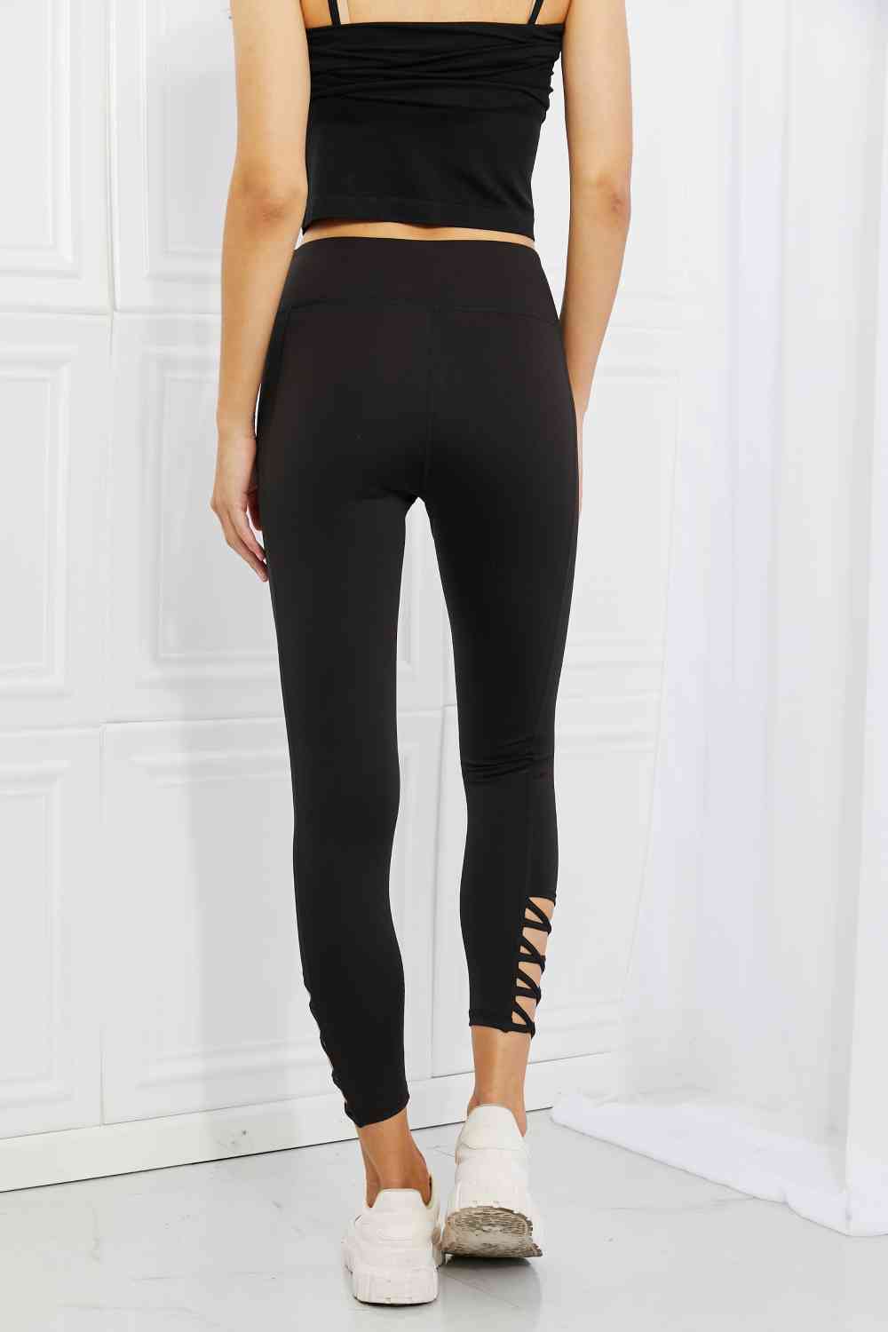 Womens Black Strappy Ankle Cutout Athletic Leggings
