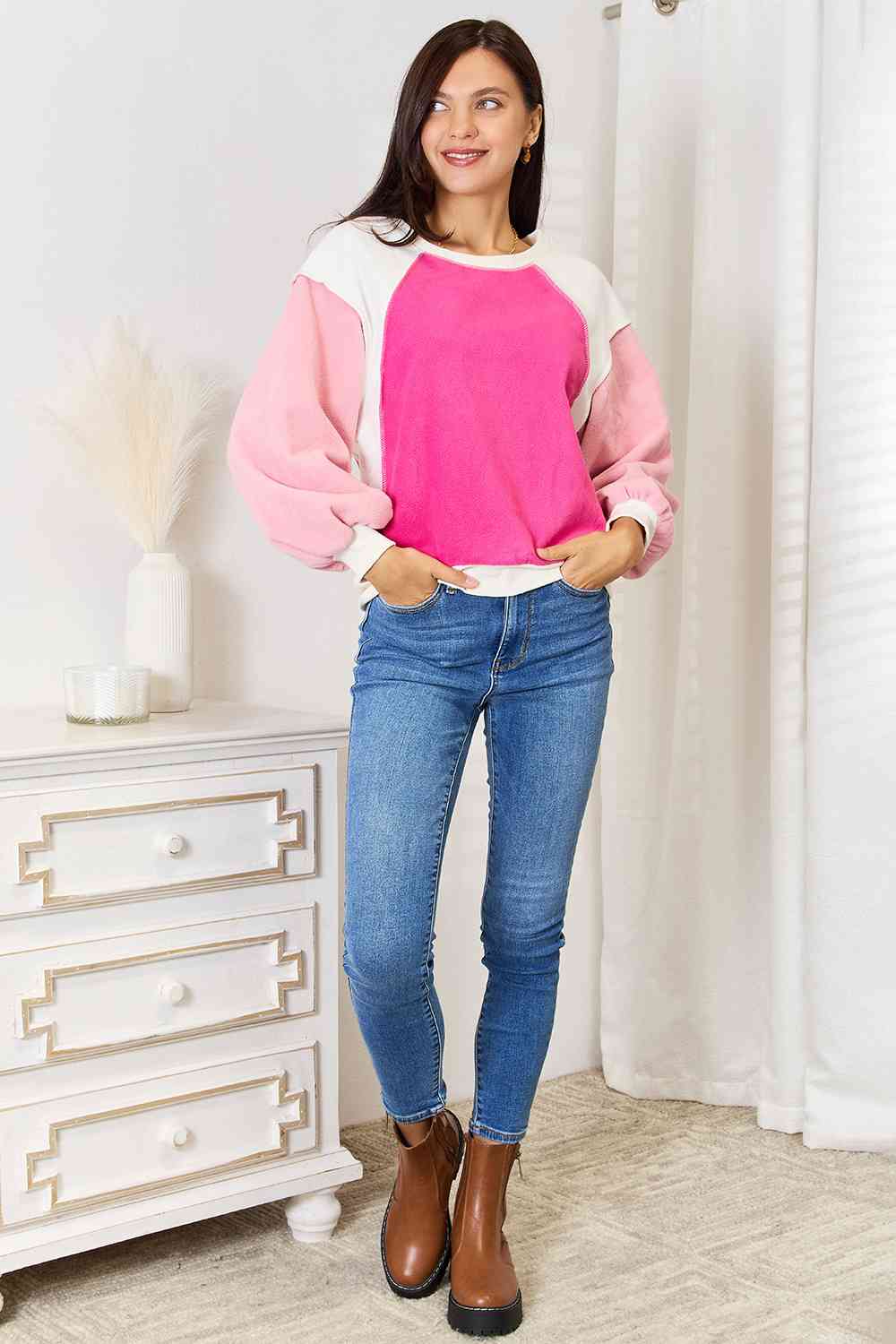 Womens Multi Pink Color Block Dropped Shoulder Sweatshirt