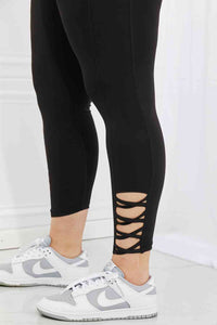 Womens Black Strappy Ankle Cutout Athletic Leggings