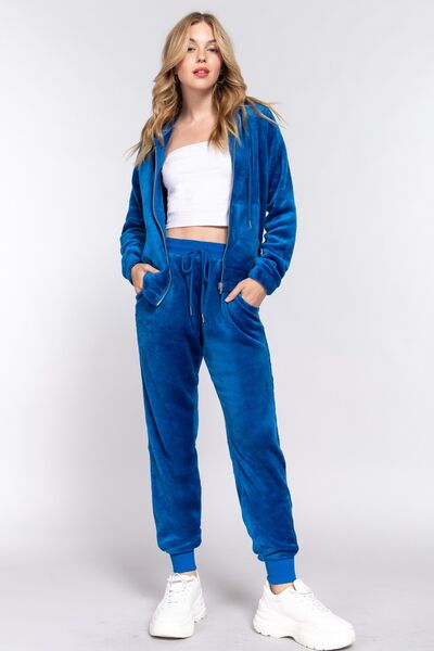 Womens Ocean Blue Velvet Velour Hoodie Jogger Set Full Zip